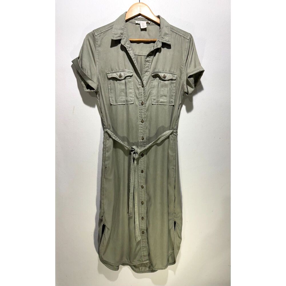 C&C California shirt dress button up tie waist muted green casual women L